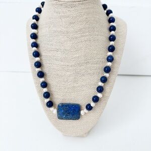 NWT Genuine Lapis Lazuli & Pearls Necklace Blue White Bead Beaded